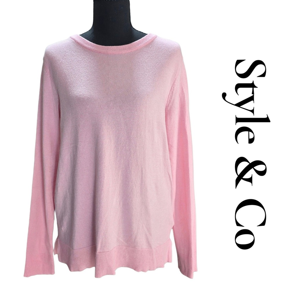 Style & Co Sweater Womens Medium Pink Rayon Blend Crew Neck Side Slit Pullover